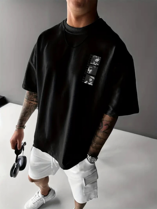 Baskılı Oversize Bisiklet Yaka T-shirt - Siyah (158951)