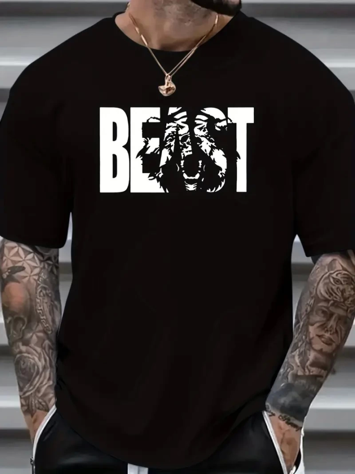 Baskılı Oversize Bisiklet Yaka T-shirt - Siyah (158963)