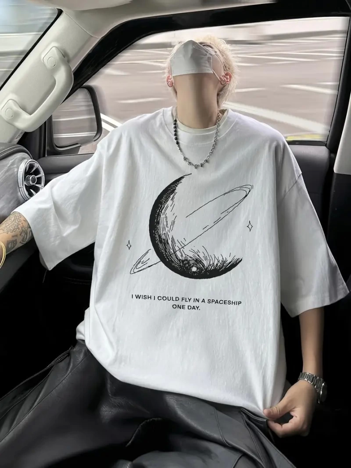 Baskılı Oversize Bisiklet Yaka T-shirt - Beyaz (158966)