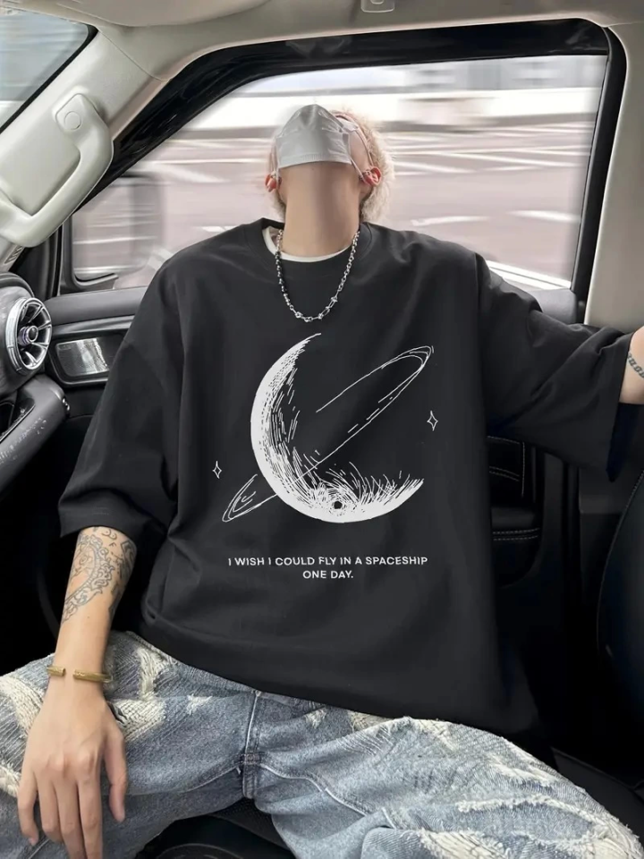 Baskılı Oversize Bisiklet Yaka T-shirt - Siyah (158969)