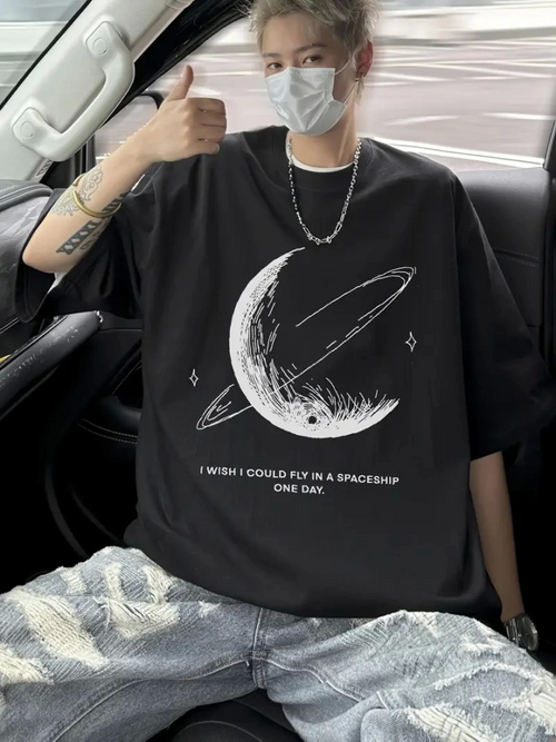 Baskılı Oversize Bisiklet Yaka T-shirt - Siyah (158969)