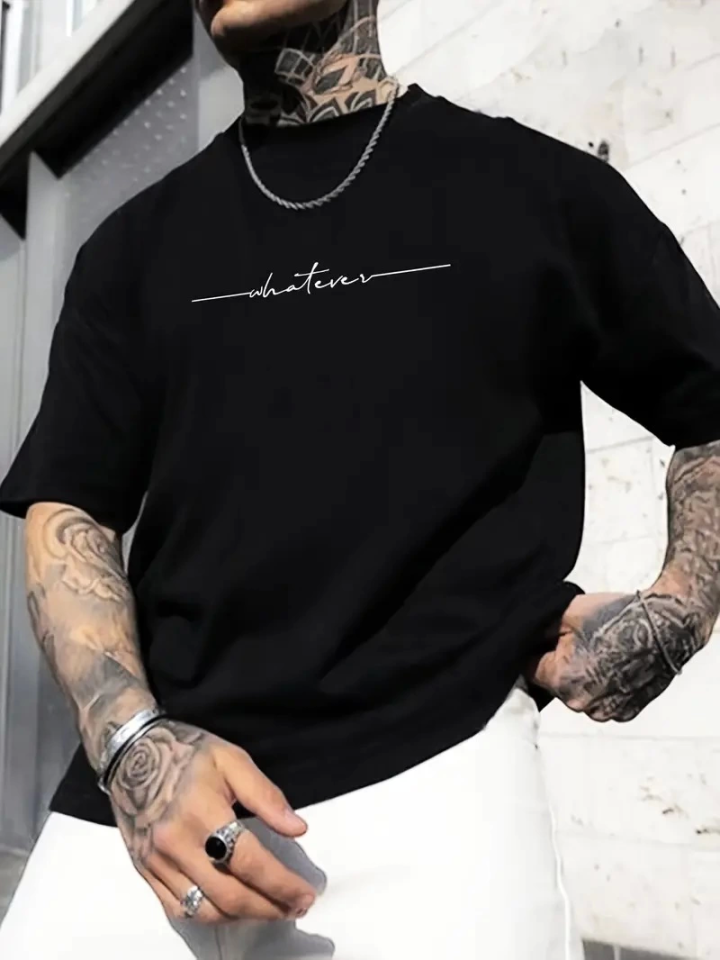Baskılı Oversize Bisiklet Yaka T-shirt - Siyah (158971)