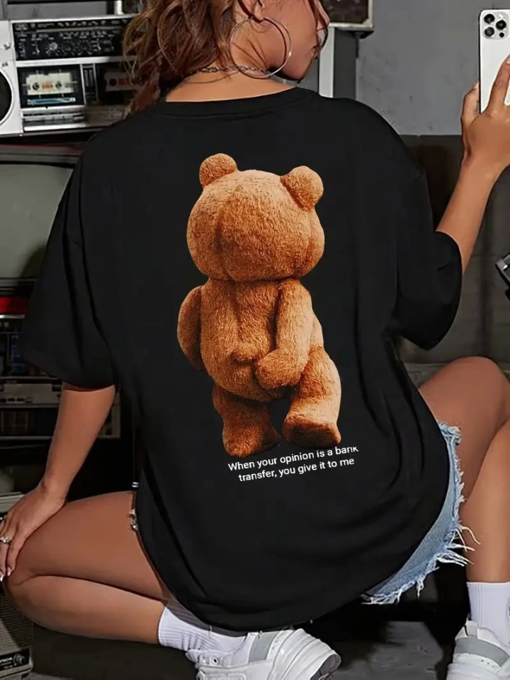 Baskılı Oversize Bisiklet Yaka T-shirt - Siyah (158978)