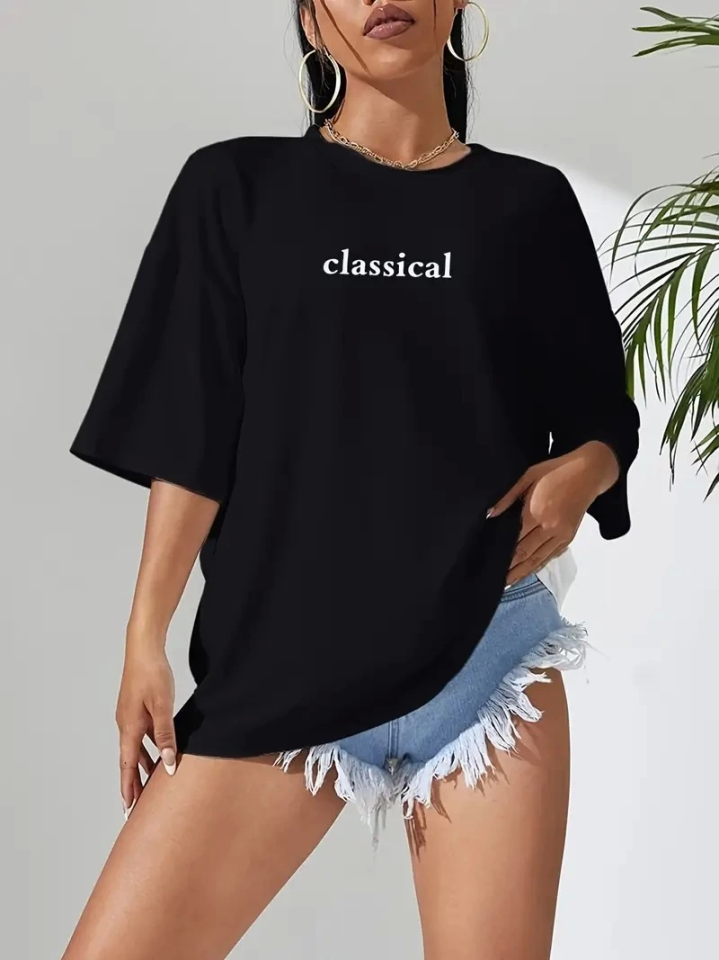 Baskılı Oversize Bisiklet Yaka T-shirt - Siyah (158981)