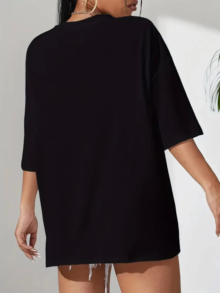 Baskılı Oversize Bisiklet Yaka T-shirt - Siyah (158981)