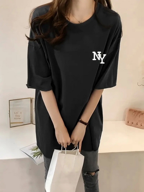 Baskılı Oversize Bisiklet Yaka T-shirt - Siyah (158986)