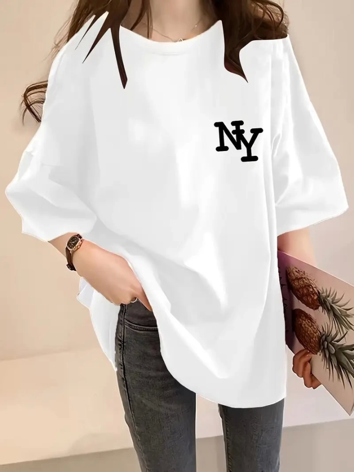 Baskılı Oversize Bisiklet Yaka T-shirt - Beyaz (158989)