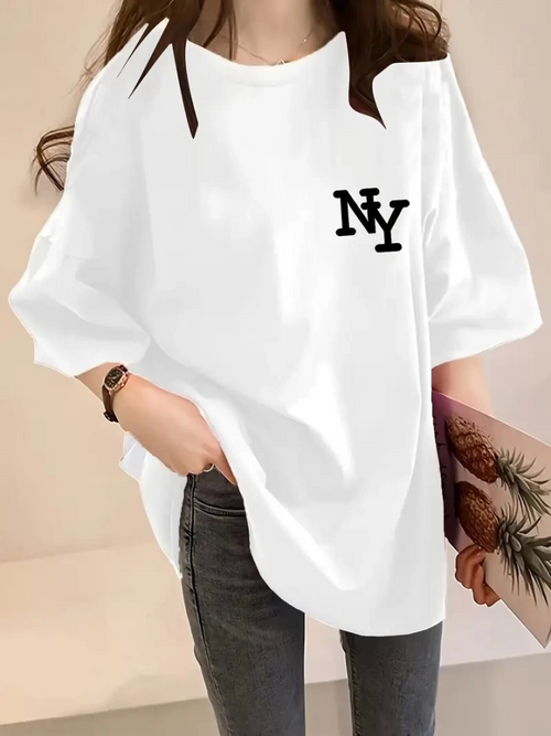 Baskılı Oversize Bisiklet Yaka T-shirt - Beyaz (158989)