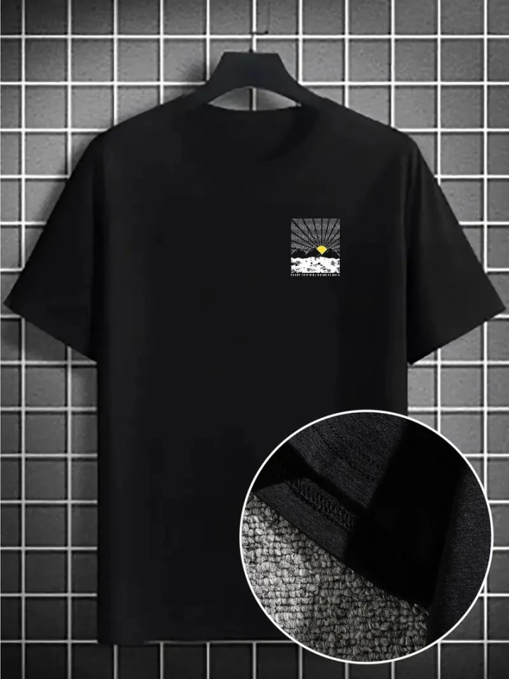Erkek Dağ Grafikli Tişört, Yaz Için Büyük Beden Rahat T-shirt - Siyah (159034)