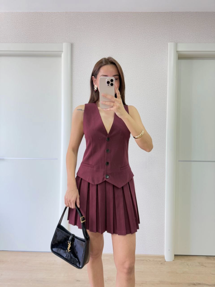 Takım Görünümlu Yelekli Mini Elbise- Bordo (159855)