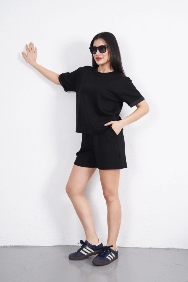 Osy Modal Yumuşak Dokulu Kumaş Bisiklet Yaka T-shirt Kısa Şort İkili Takım - Siyah (162240)