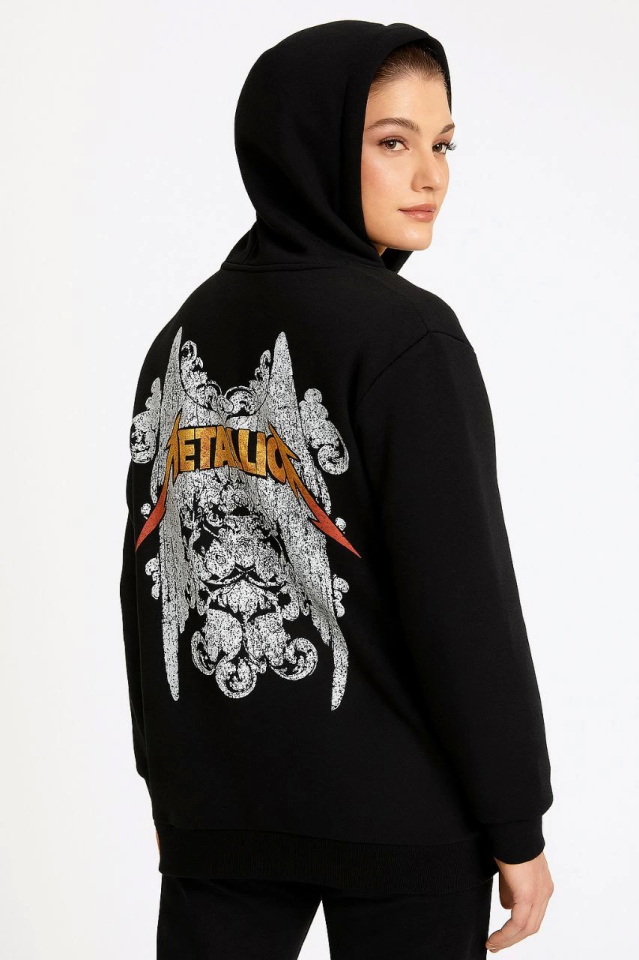 Metallica İki İplik Kapüşonlu Ön Ve Arka Baskılı Hoodie - Siyah (171718)