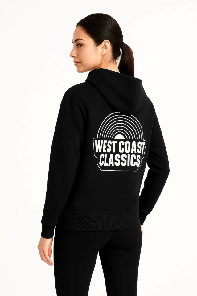 Üç İplik Kapüşonlu Ön Ve Arka Baskılı SweatShirt Hoodie - Siyah (172561)