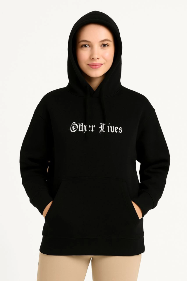 Üç İplik Kapşonlu ön Ve Arka Baskılı SweatShirt Hoodie- Siyah (172563)