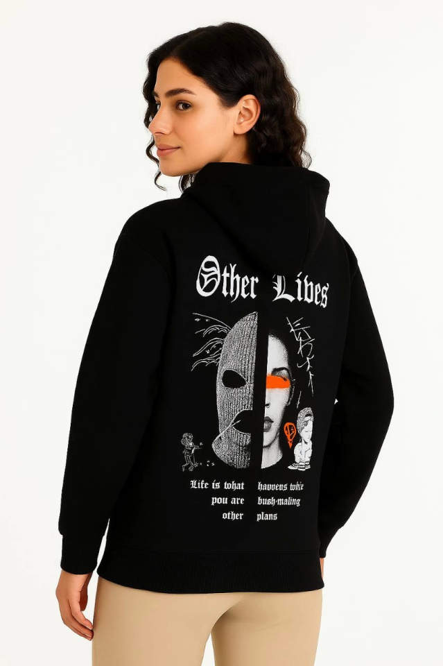 Üç İplik Kapşonlu ön Ve Arka Baskılı SweatShirt Hoodie- Siyah (172563)