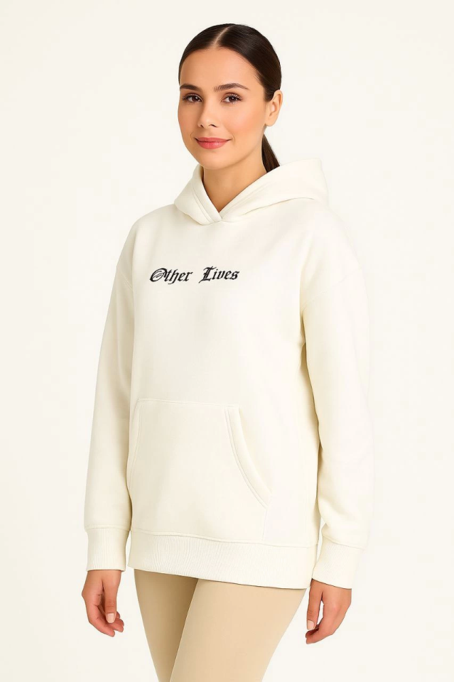 Üç İplik Kapşonlu ön Ve Arka Baskılı SweatShirt Hoodie- Beyaz (172564)