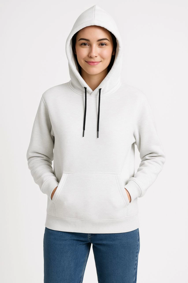 Üç İplik Kapüşonlu Kanguru Çepli SweatShirt Hoodie - Beyaz (172565)