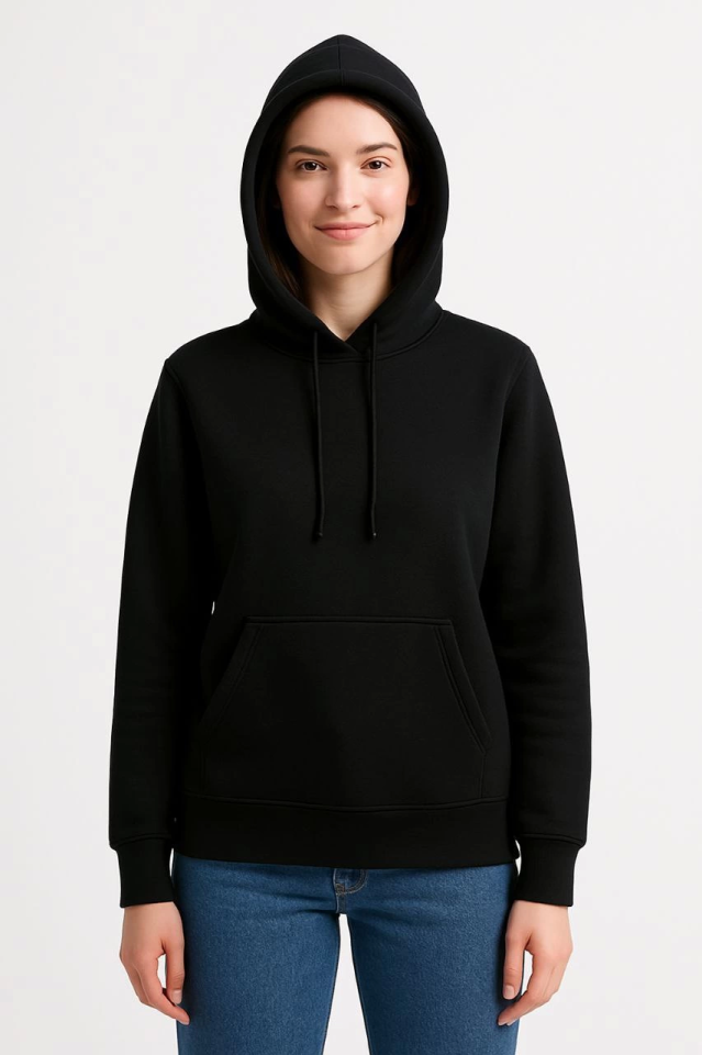 Üç İplik Kapüşonlu Kanguru Çepli SweatShirt Hoodie - Siyah (172566)
