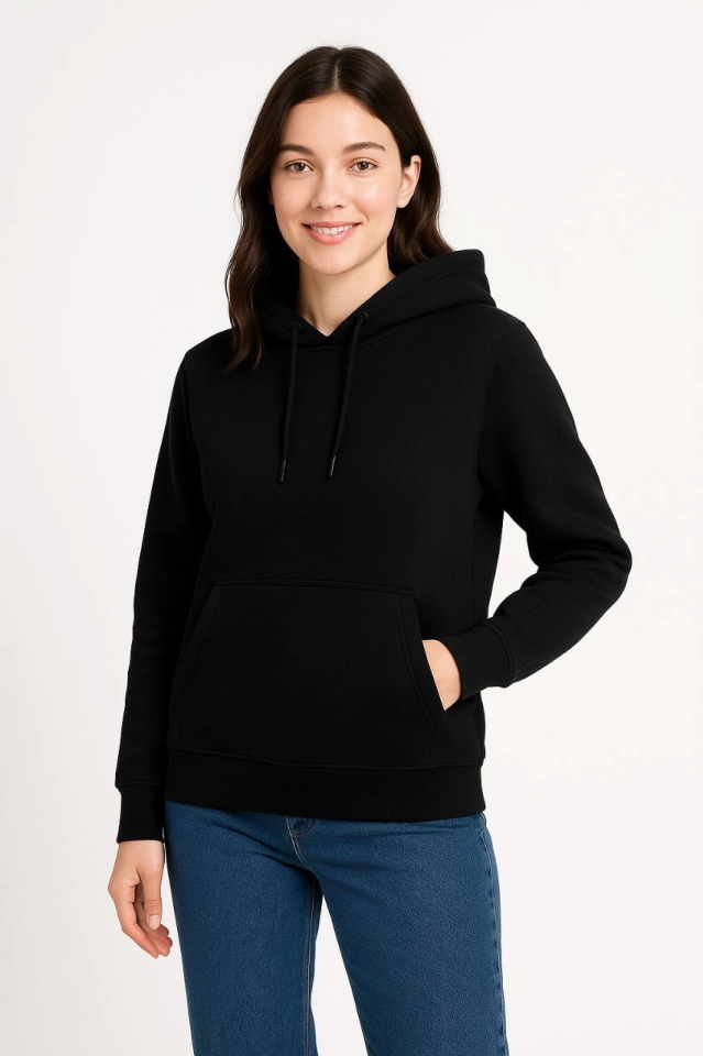 Üç İplik Kapüşonlu Kanguru Çepli SweatShirt Hoodie - Siyah (172566)