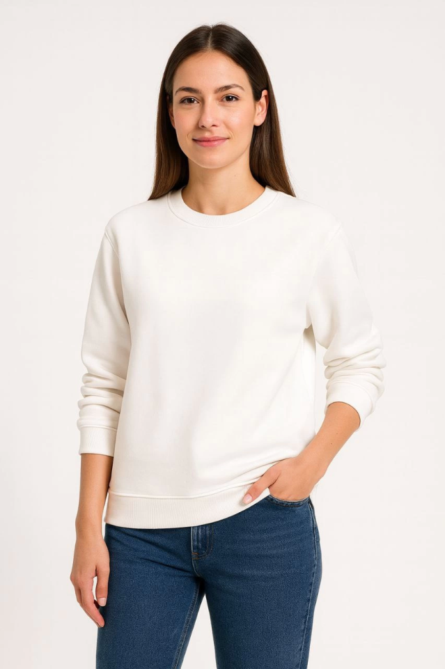 Üç İplik Düz Bisiklet Yaka SweatShirt - Beyaz (172570)