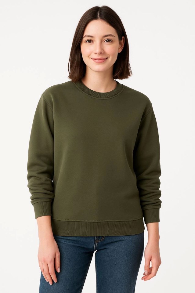 Üç İplik Düz Bisiklet Yaka SweatShirt - Haki (172571)