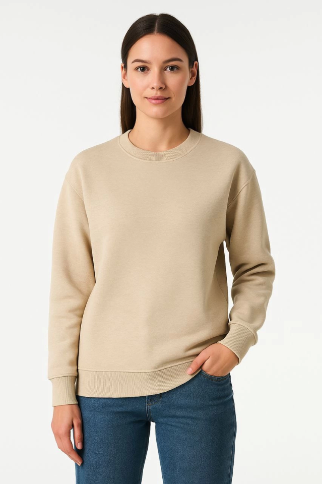 Üç İplik Düz Bisiklet Yaka SweatShirt - Bej (172572)