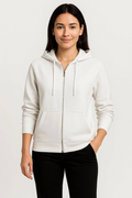Üç İplik Kapüşonlu Tam Fermuarlı Kanguru Çepli SweatShirt Hoodie - Beyaz (172601)