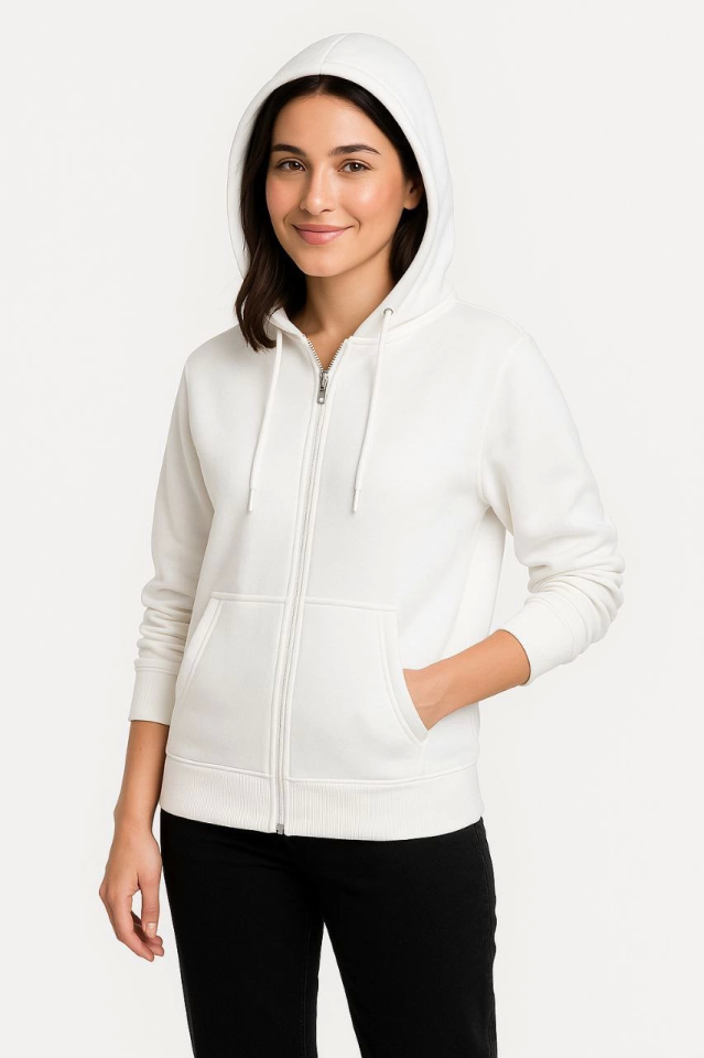 Üç İplik Kapüşonlu Tam Fermuarlı Kanguru Çepli SweatShirt Hoodie - Beyaz (172601)