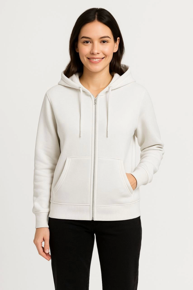 Üç İplik Kapüşonlu Tam Fermuarlı Kanguru Çepli SweatShirt Hoodie - Beyaz (172601)