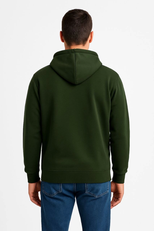 Erkek Üç İplik Kapüşonlu Tam Fermuarlı Kanguru Çepli SweatShirt Hoodie - Haki (172604)