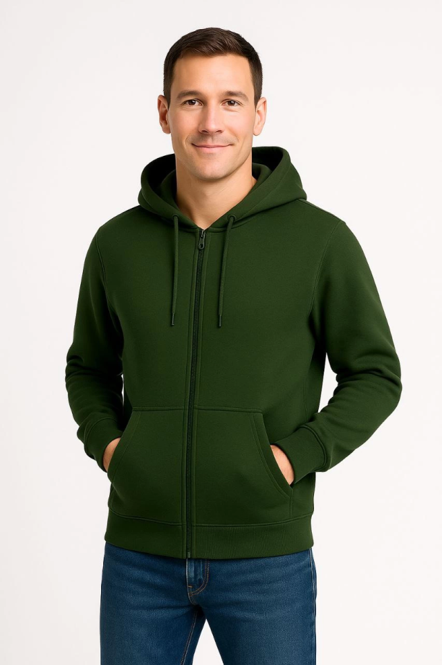 Erkek Üç İplik Kapüşonlu Tam Fermuarlı Kanguru Çepli SweatShirt Hoodie - Haki (172604)