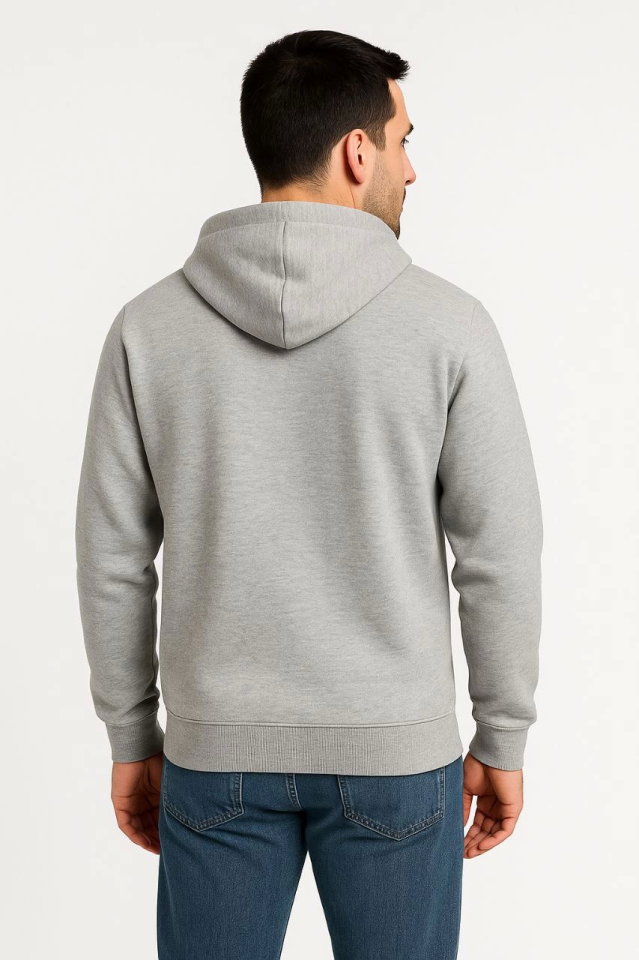 Erkek Üç İplik Kapüşonlu Tam Fermuarlı Kanguru Çepli SweatShirt Hoodie - Gri (172606)
