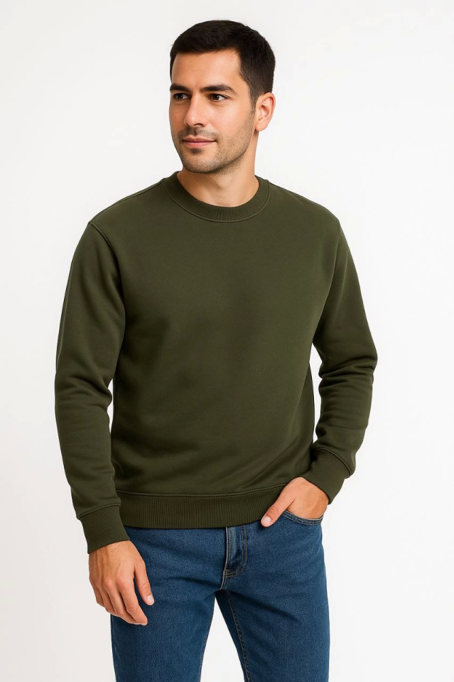Erkek Üç İplik Düz Bisiklet Yaka SweatShirt - Haki (172665)