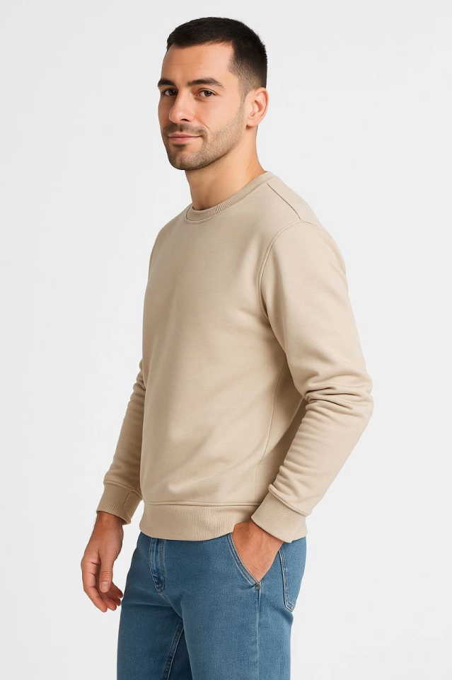 Erkek Üç İplik Düz Bisiklet Yaka SweatShirt - Bej (172666)