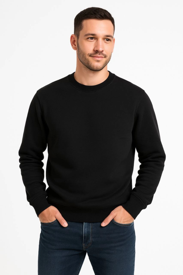 Erkek Üç İplik Düz Bisiklet Yaka SweatShirt - Siyah (172667)