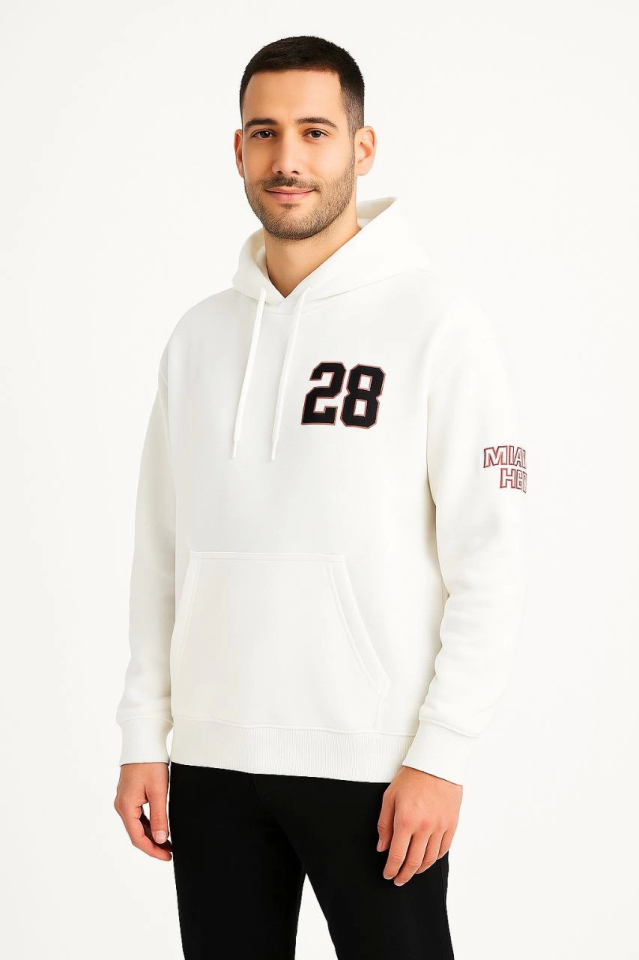Üç İplik Kapüşonlu Ön Ve Arka Baskılı SweatShirt Hoodie - Beyaz (172694)