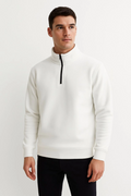 Erkek Dik Yaka Sweatshirt Dik Yaka Yarım Fermuarlı 3 İplik Şardonlu Pamuk Kumaş - Beyaz (173147)