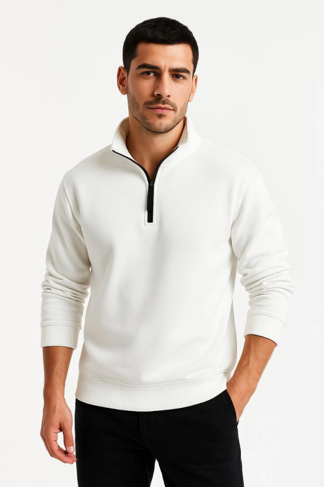 Erkek Dik Yaka Sweatshirt Dik Yaka Yarım Fermuarlı 3 İplik Şardonlu Pamuk Kumaş - Beyaz (173147)