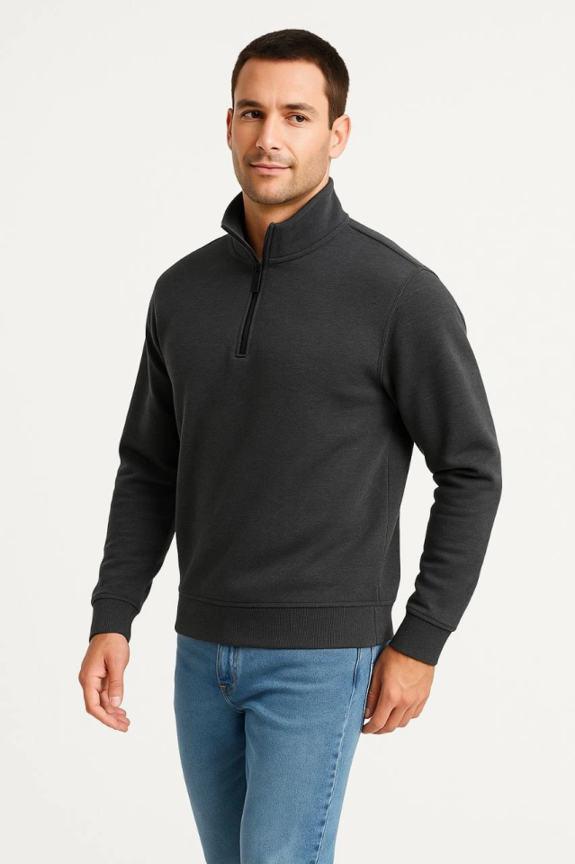 Erkek Dik Yaka Sweatshirt Dik Yaka Yarım Fermuarlı 3 İplik Şardonlu Pamuk Kumaş - Antrasit (173148)