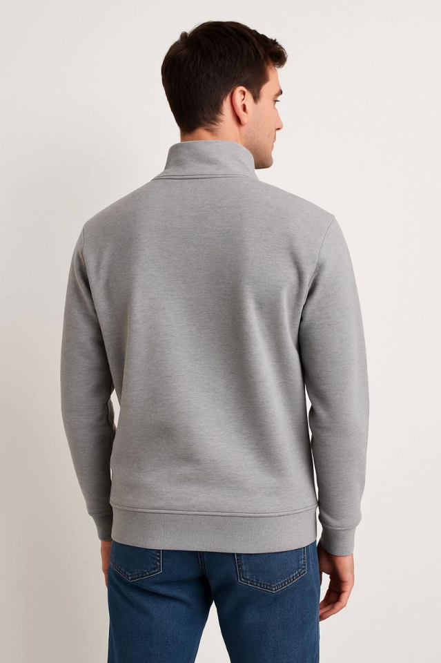 Erkek Dik Yaka Sweatshirt Dik Yaka Yarım Fermuarlı 3 İplik Şardonlu Pamuk Kumaş - Gri (173152)