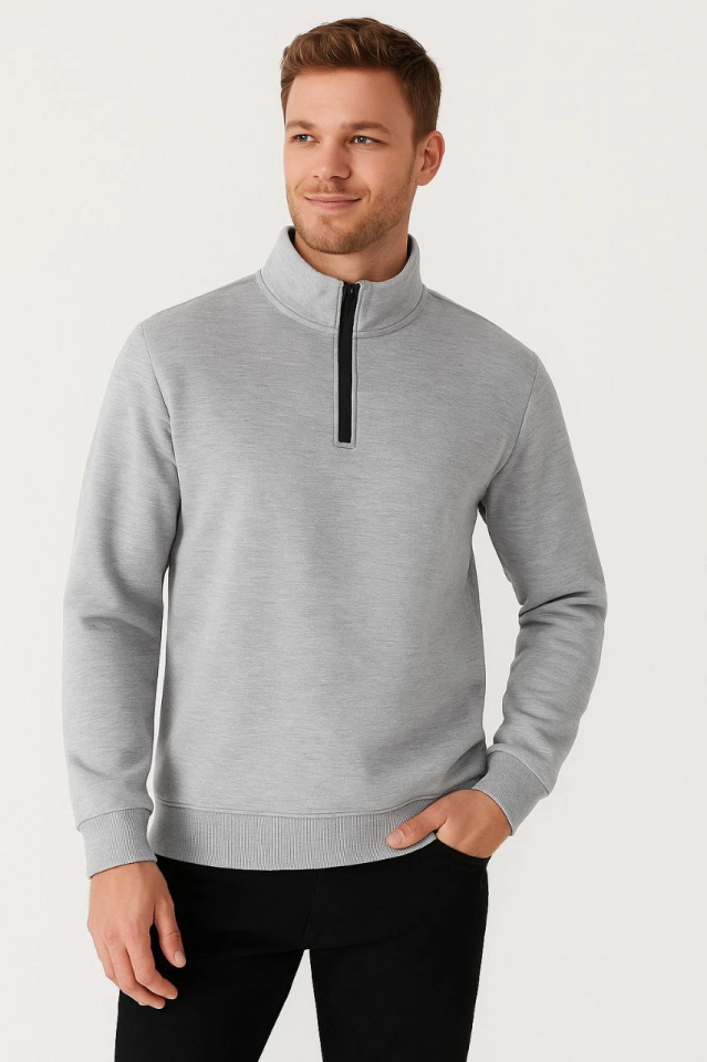 Erkek Dik Yaka Sweatshirt Dik Yaka Yarım Fermuarlı 3 İplik Şardonlu Pamuk Kumaş - Gri (173152)
