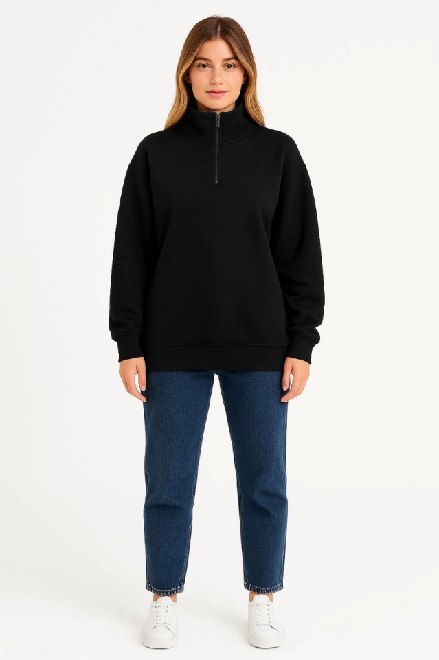 Üç İplik Dık Yaka Yarım Fermuarlı SweatShirt - Siyah (173154)