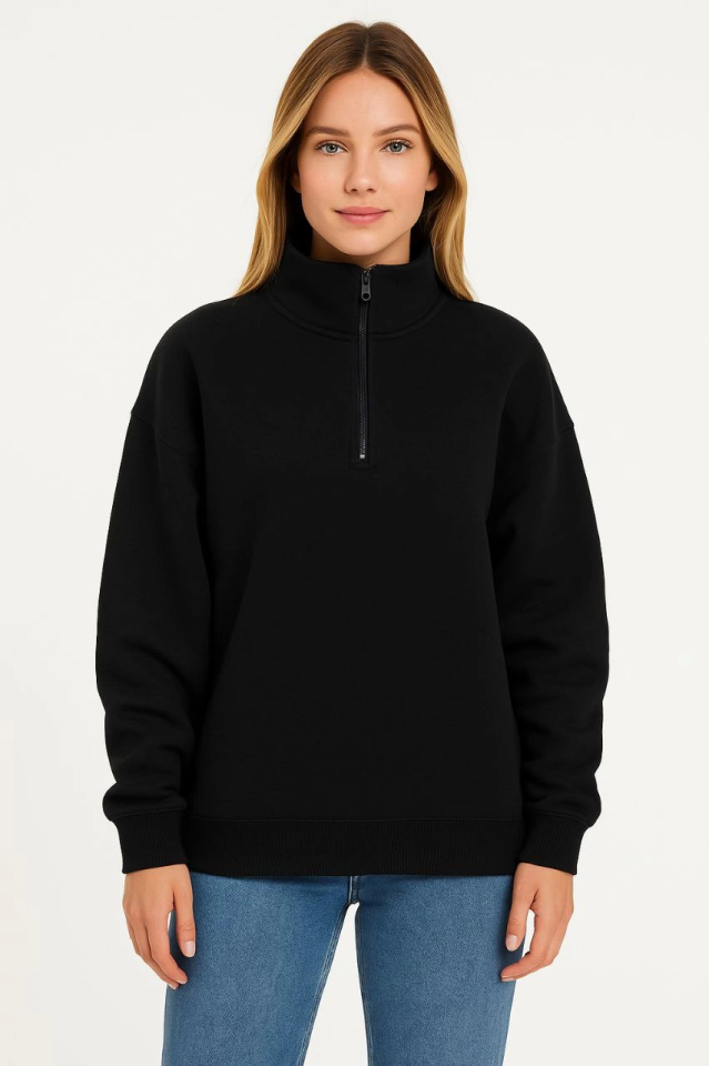 Üç İplik Dık Yaka Yarım Fermuarlı SweatShirt - Siyah (173154)