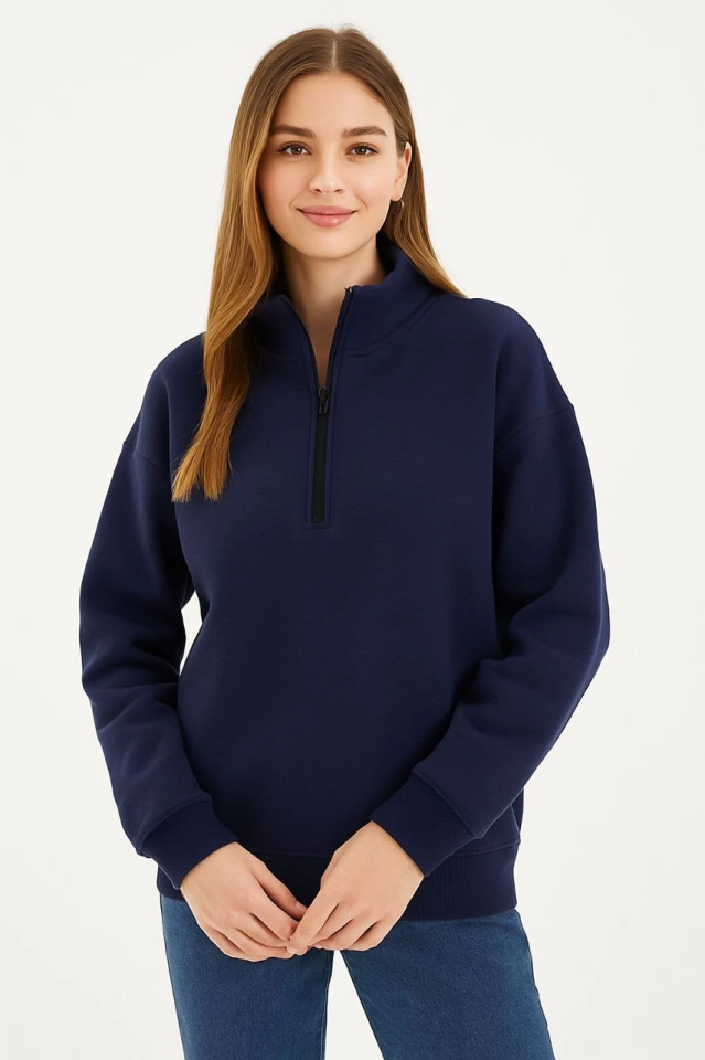 Üç İplik Dık Yaka Yarım Fermuarlı SweatShirt - Lacivert (173156)