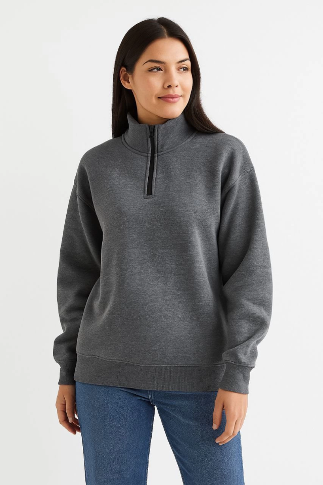 Üç İplik Dık Yaka Yarım Fermuarlı SweatShirt - Antrasit (173157)