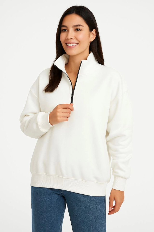 Üç İplik Dık Yaka Yarım Fermuarlı SweatShirt - Beyaz (173158)