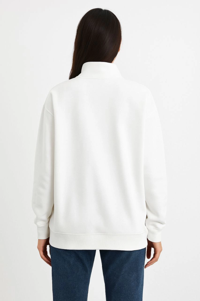 Üç İplik Dık Yaka Yarım Fermuarlı SweatShirt - Beyaz (173158)