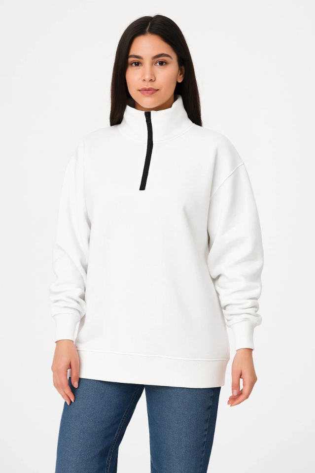 Üç İplik Dık Yaka Yarım Fermuarlı SweatShirt - Beyaz (173158)
