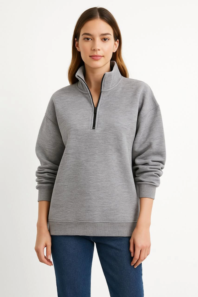 Üç İplik Dık Yaka Yarım Fermuarlı SweatShirt - Gri (173160)