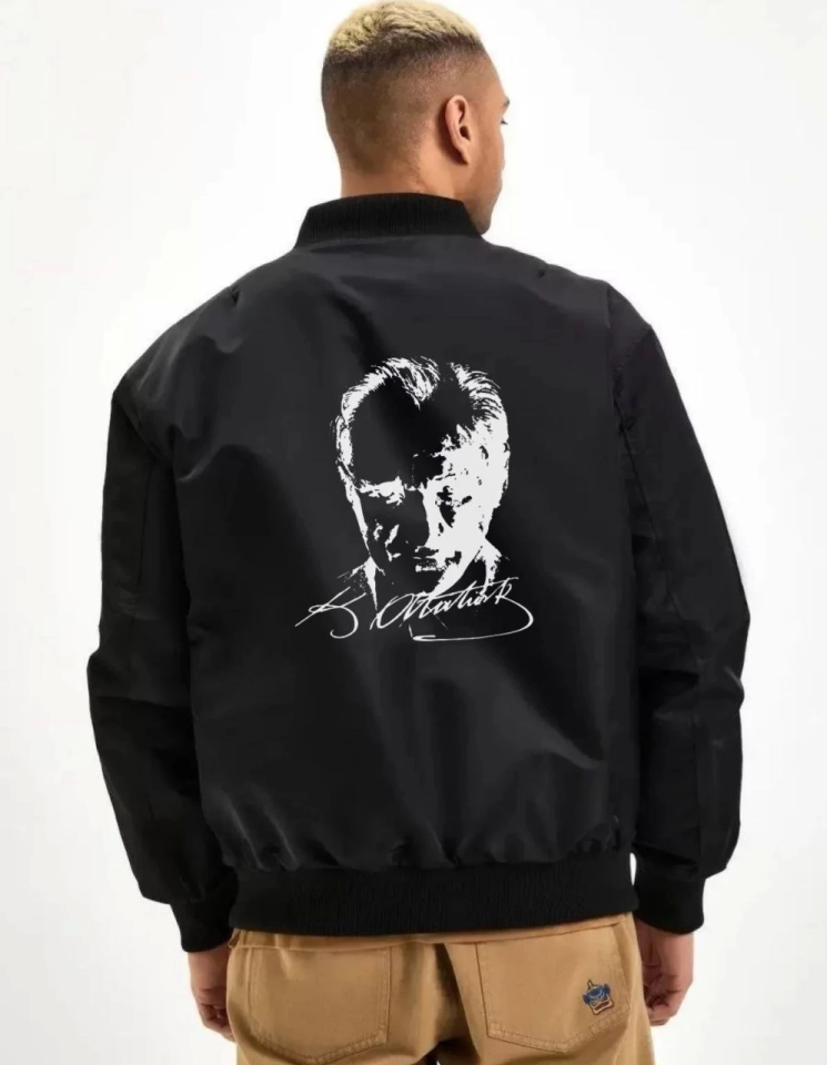 Unisex Uzun Kol Baskılı Bomber Ceket - Siyah (173576)